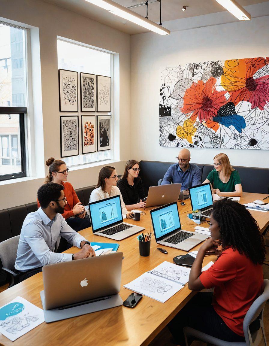 A thoughtful and analytical setting featuring a diverse group of adults engaged in discussions over open laptops, surrounded by colorful and eye-catching adult-themed imagery on the walls, symbolizing exploration and insight. Incorporate subtle elements like a notepad with scribbles and a coffee cup to reflect a vibrant conversation. Use warm lighting to create an inviting atmosphere. creative illustration. vibrant colors. modern art.