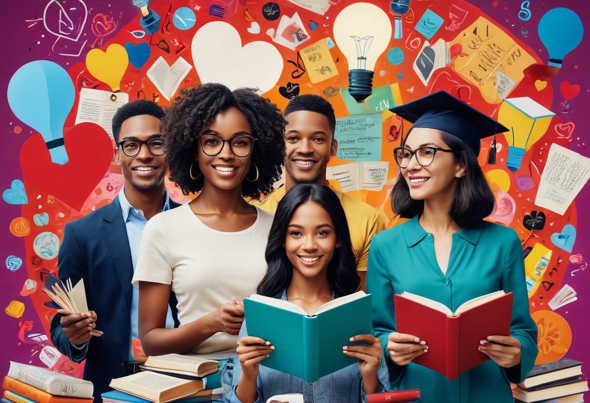 A dynamic collage showcasing a diverse group of adults engaged in educational activities inspired by adult media, featuring books, films, and digital screens. Incorporate symbols of pleasure like hearts and light bulbs to represent ideas and creativity. Use playful elements like vibrant colors and abstract shapes to symbolize engagement and open-mindedness. The background should blend educational icons like graduation caps with sensual motifs. 3D. vibrant colors. modern design.